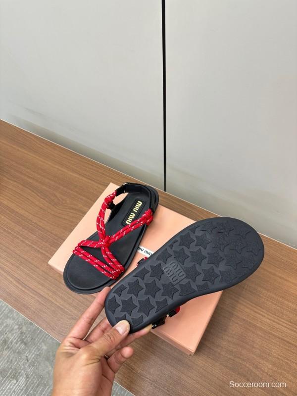 2025 Women Miu Miu Red Rope Leather Sandals LY