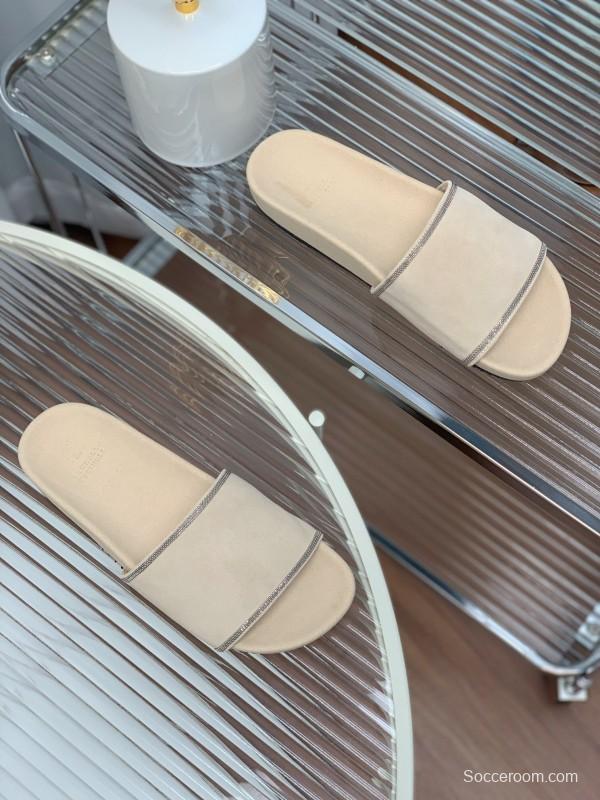 2025 Women Brunello Cucinelli Beige Suede Flat Slide Sandals Handmade Detailing KFY00240 (F)