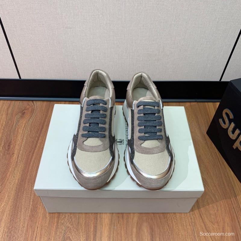 2025 Unisex Brunello Cucinelli Beige Grey Suede Mesh Sneakers LY