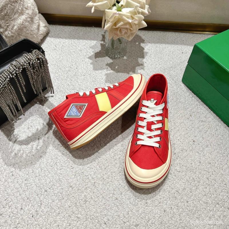 2025 Unisex Bottega Veneta Red Canvas Leather Sneakers Hand Painted LY00