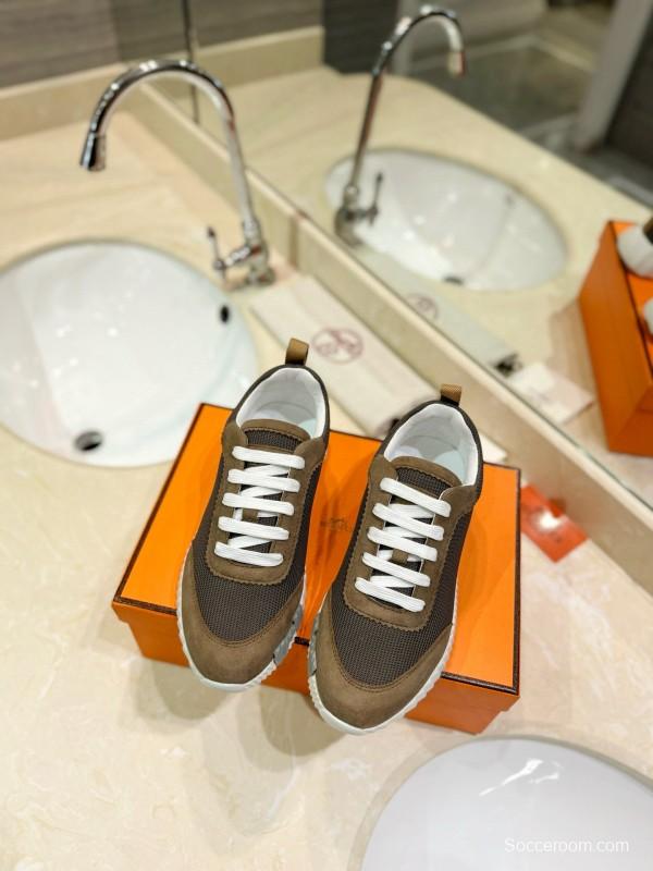 2024 Unisex Hermès Brown Khaki Mesh Suede Sneakers