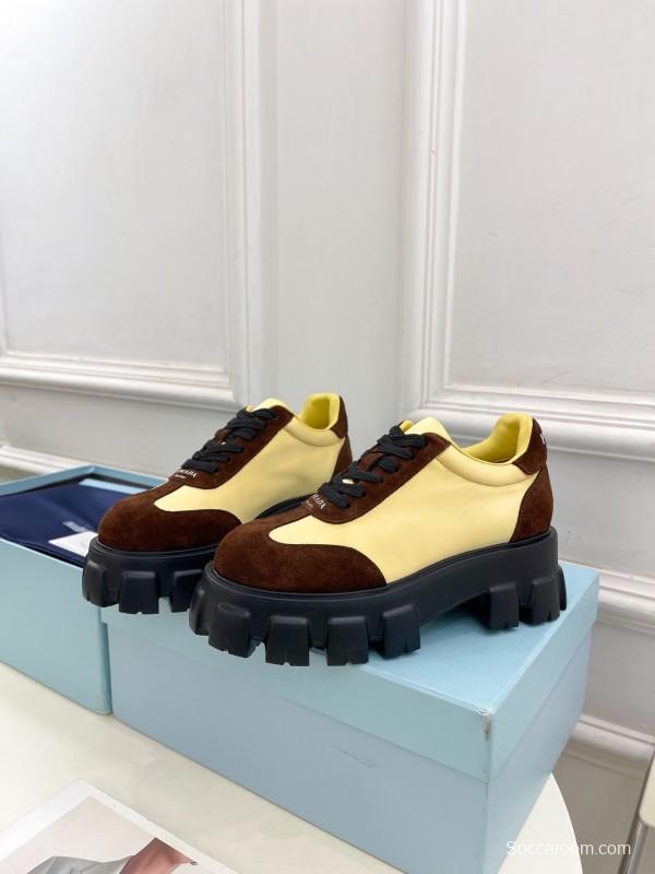 2025 Unisex Prada Yellow Brown Suede Silk Sneakers KFY00310(F)/KFY00330(M)