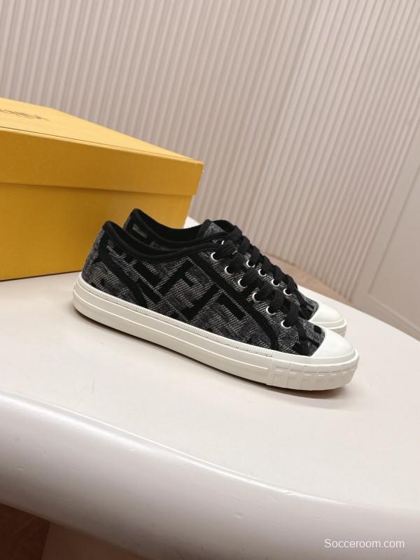 2025 Women Fendi Black Grey Fabric Leather Sneakers