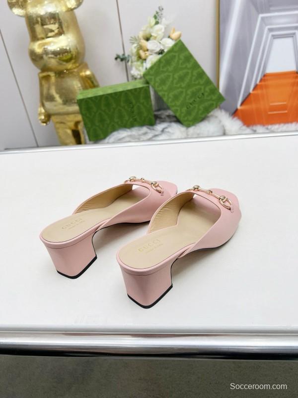 2025 Women Gucci Pink Leather Block Heel Mules MJ00180