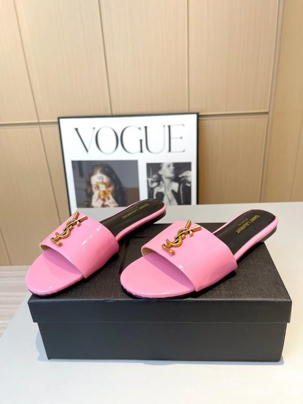 2025 Women Yves Saint Laurent Pink Patent Leather Slippers