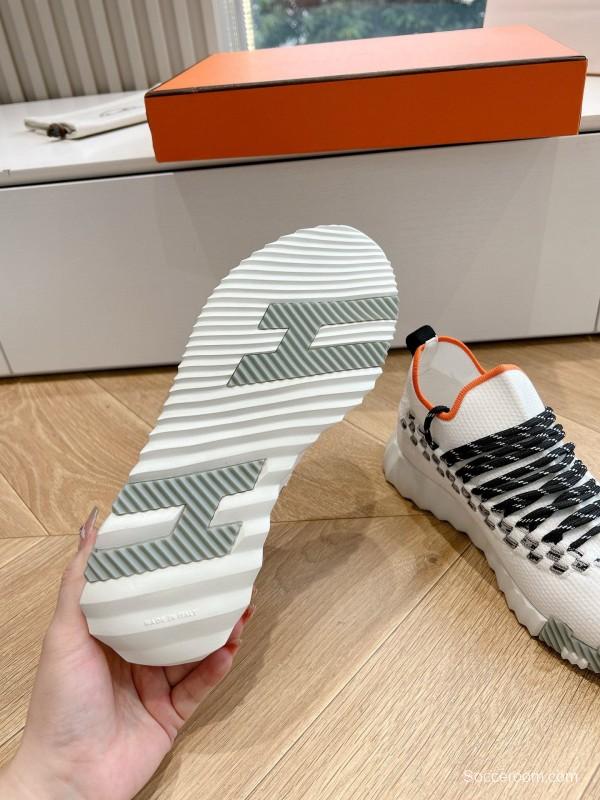 2024 Unisex Hermès White Black Orange Calfskin Suede Knit Sneakers MJ00290