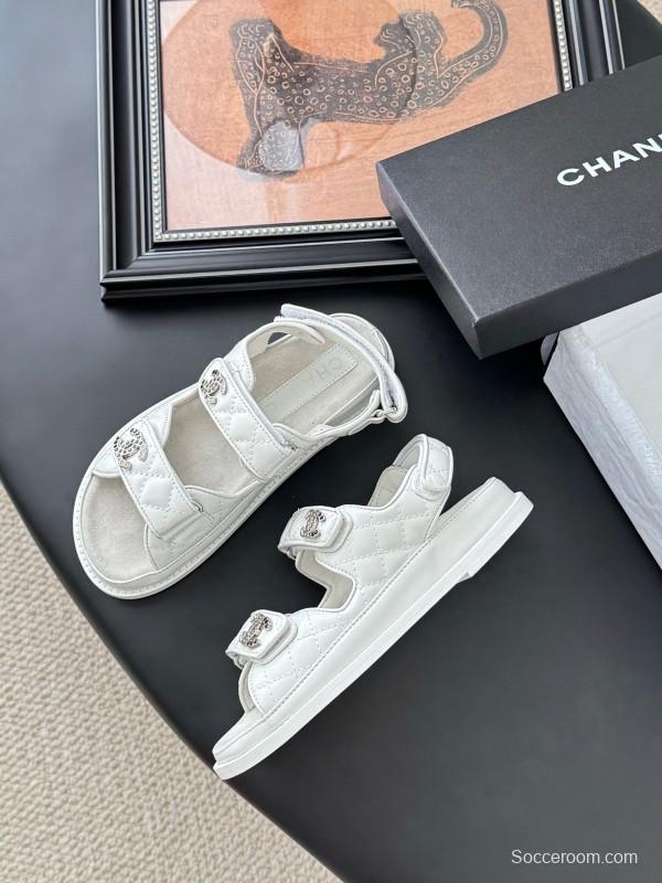 2025 Women Chanel White Leather Sandals LY00320
