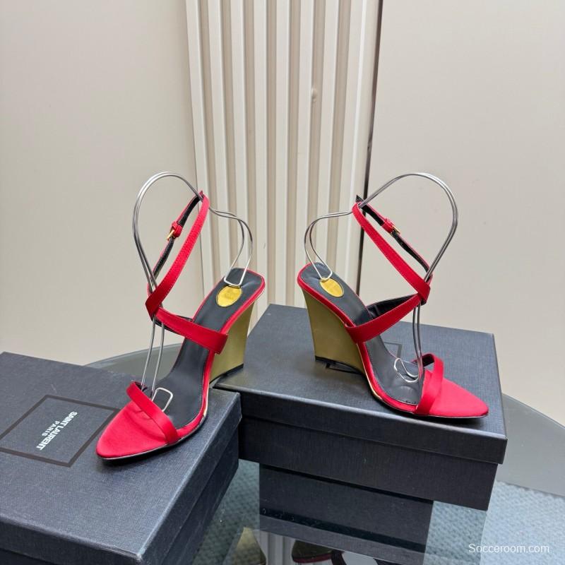 2025 Women Yves Saint Laurent Red Silk Wedge Sandals Elegant Craftsmanship LY00360(F)