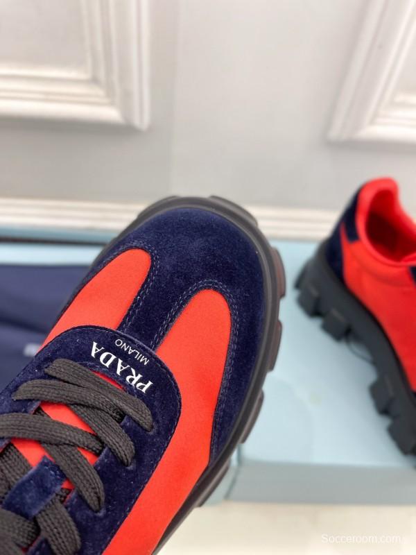 2025 Unisex Prada Red Navy Suede Silk Sneakers KFY00310(F)/KFY00330(M)