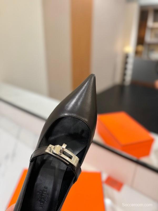 2025 Women Hermès Black Calfskin Leather Mary Jane 4cm Heel KFY00330