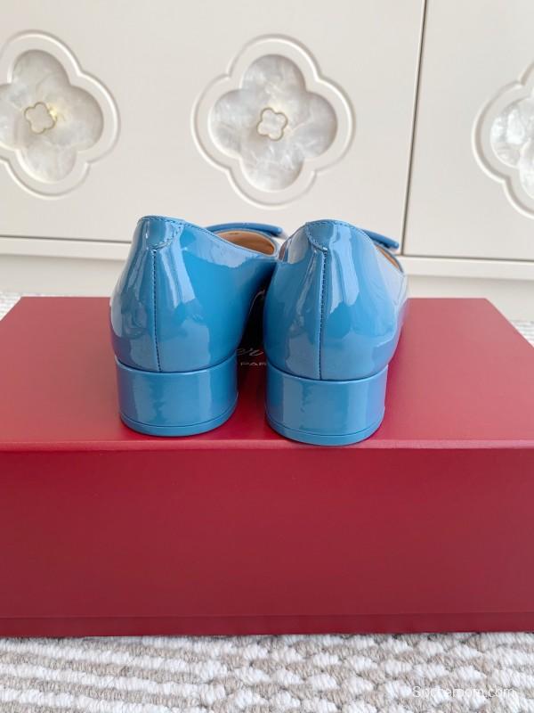 2025 Women Roger Vivier Blue Patent Leather Ballet Flat Square Buckle KFY00310