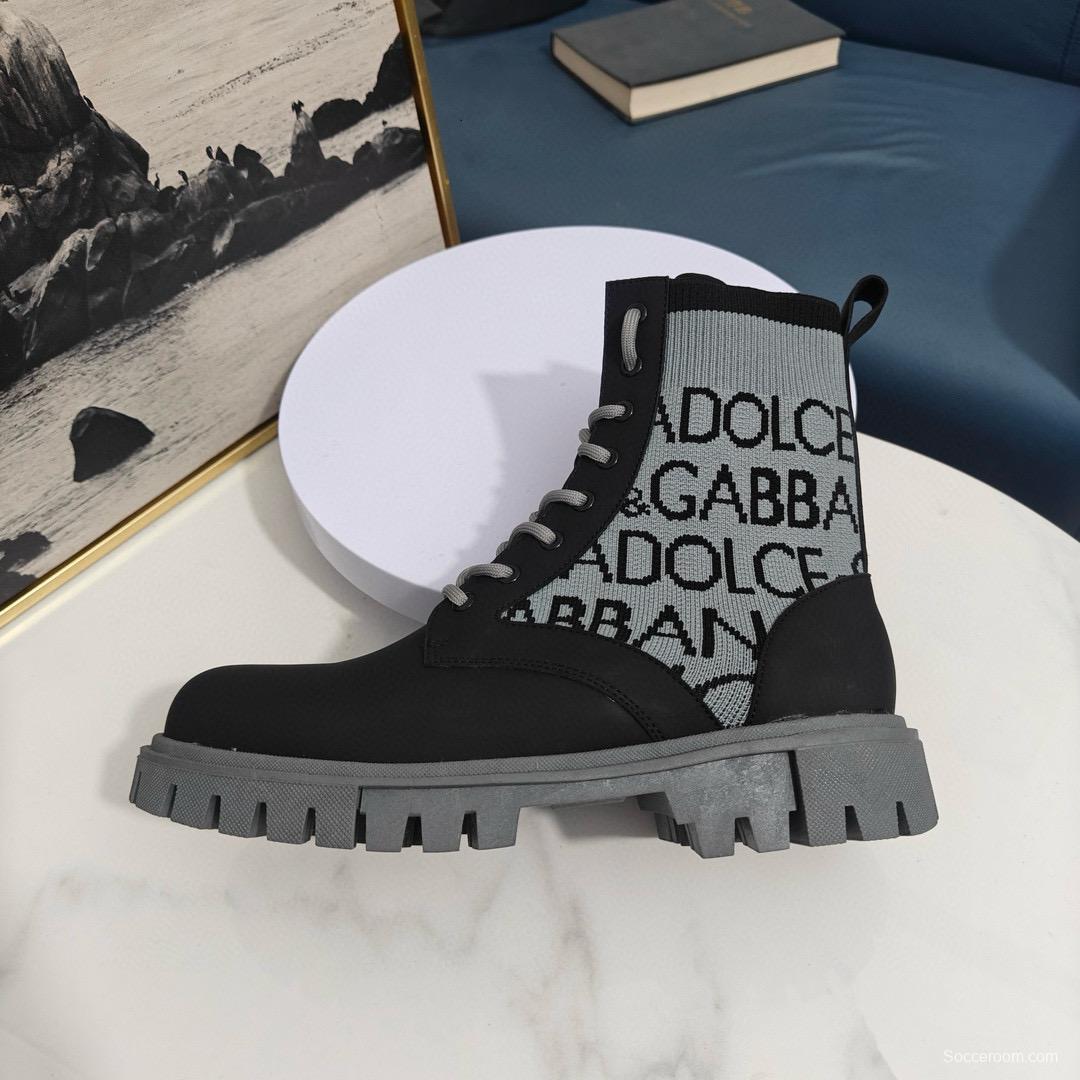 2024 Unisex Dolce & Gabbana Black Light Grey Fabric Leather Boots