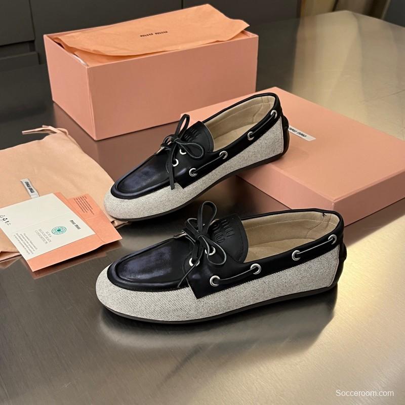 2025 Women Miu Miu Black Beige Leather Fabric Loafers