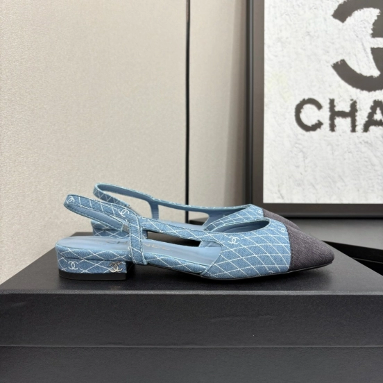 2025 Women Chanel Blue Black Denim Leather Slingback LY00240