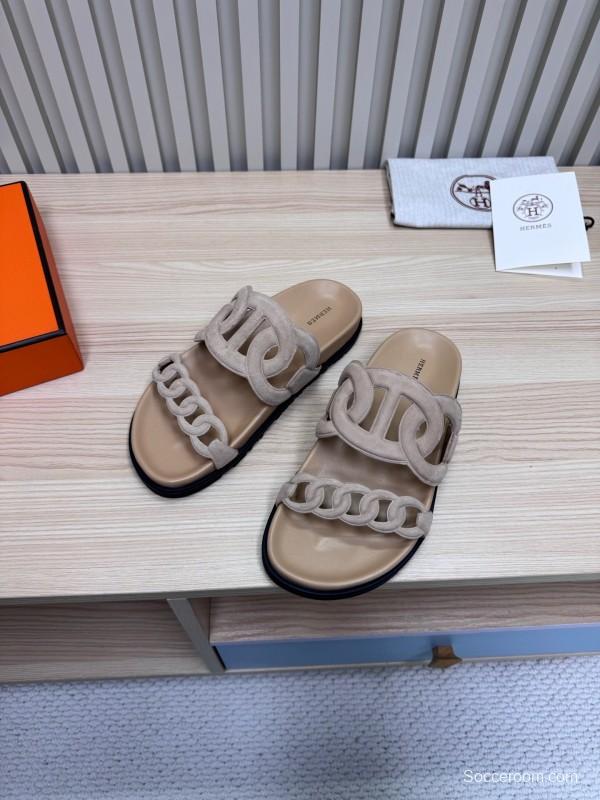 2025 Women Hermès Beige Suede Slippers