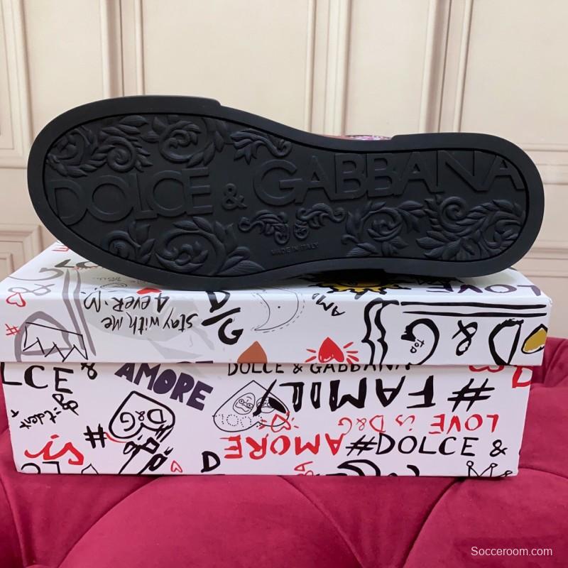 2025 Women Dolce & Gabbana Black Red Leather Sneakers Floral LY00300