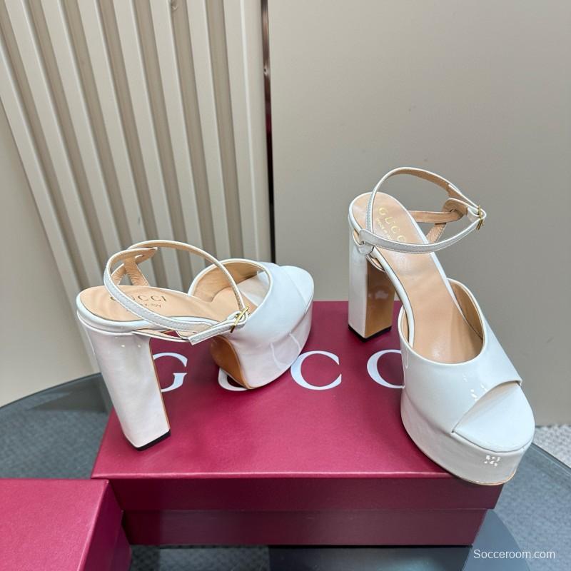 2025 Women Gucci White Leather Platform Sandals