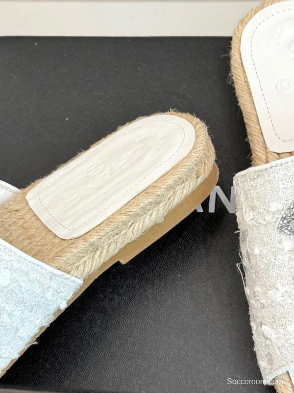 2025/Women Chanel White Lace Espadrille Slide Sandals Handwoven Jute Sole KFY00240(F)