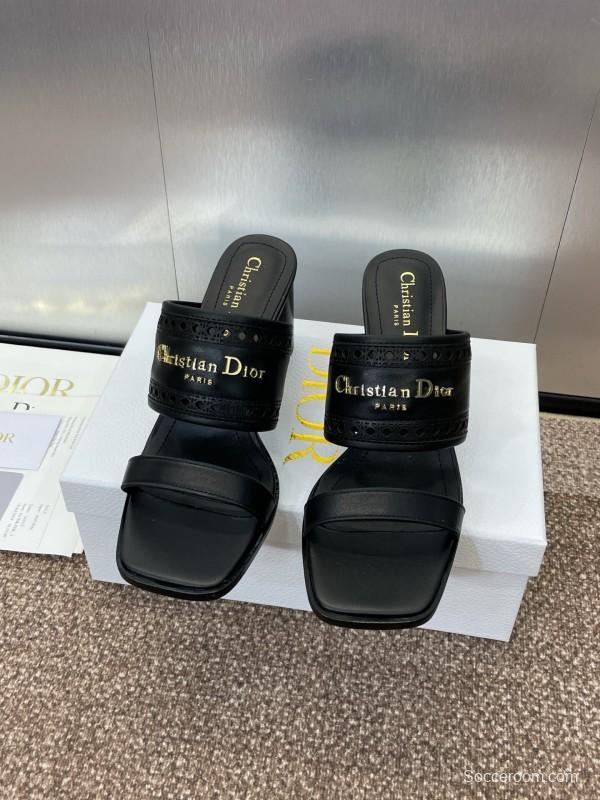 2024 Women Dior Black Leather Slide Sandals
