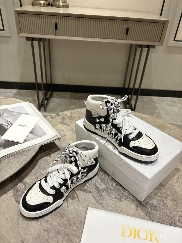 2025 Women Dior Black White Leather Sneakers KFY00340