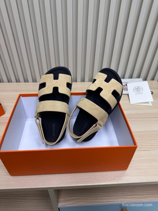 2025 Slippers Hermès Beige Black Suede Leather Sandals