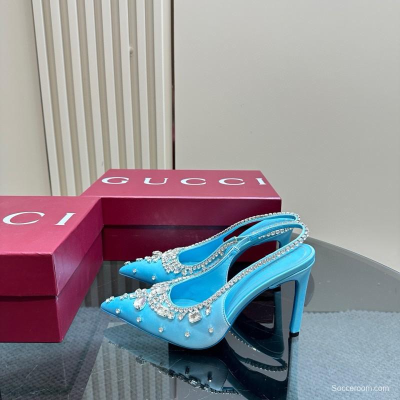2025 Women Gucci Blue Silk Crystal Embellished Slingback Pumps MJ00340