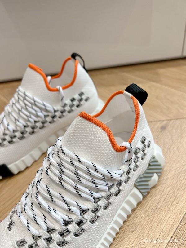 2024 Unisex Hermès White Grey Orange Calfskin Suede Knit Sneakers MJ00290(F/M)