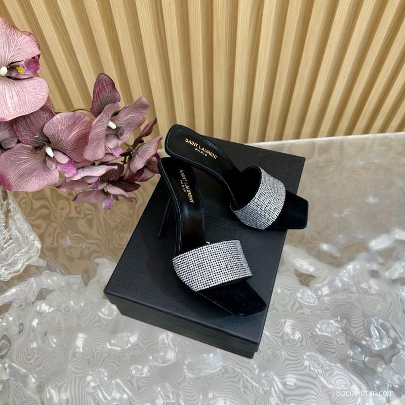 2025 Women Yves Saint Laurent Black Crystal Fabric High Heel Sandals MJ00300