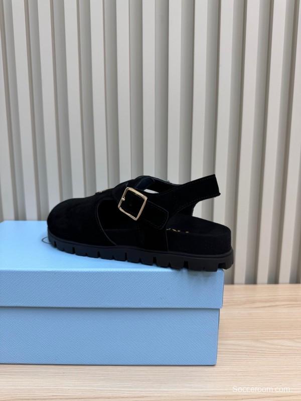 2025 Women Prada Black Suede Sandals LY00280