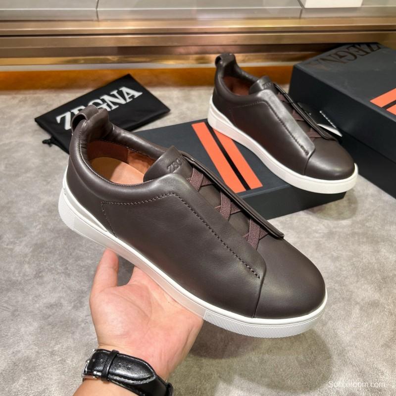 2024 Men Ermenegildo Zegna Brown Calfskin Leather Sneakers LY00000