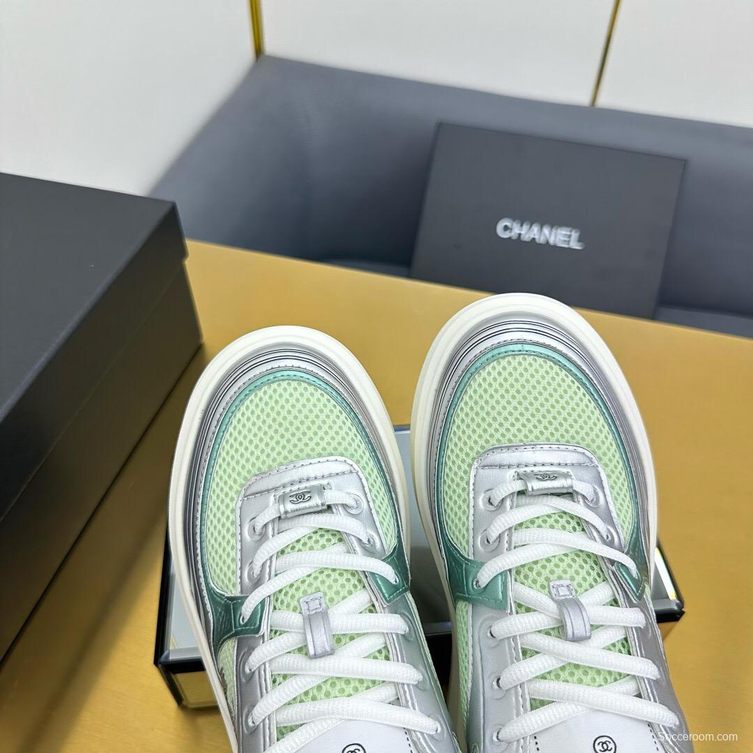 2025 Women Chanel Green Silver Mesh Leather Platform Sneakers