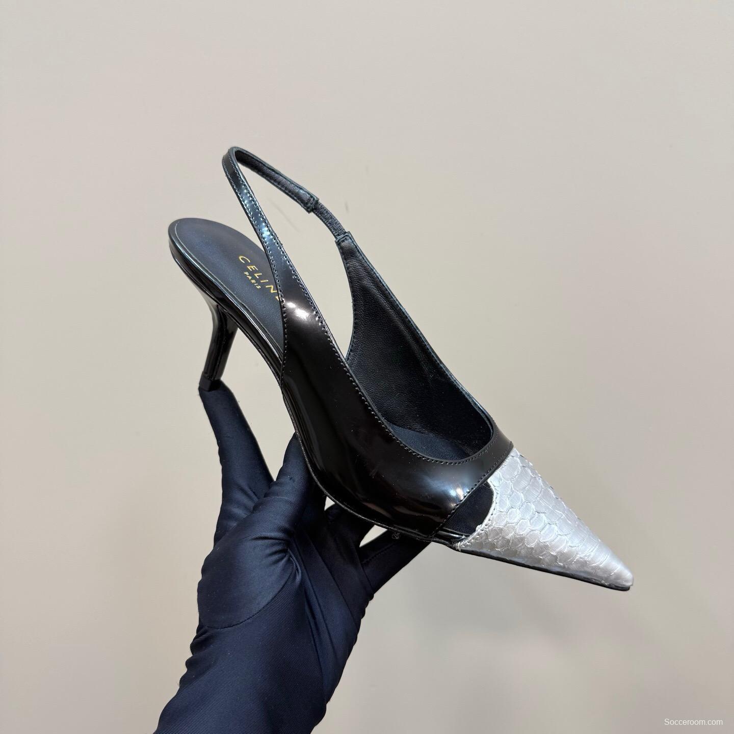 2025 Women CELINE Black White Leather Slingback Heels KFY00310