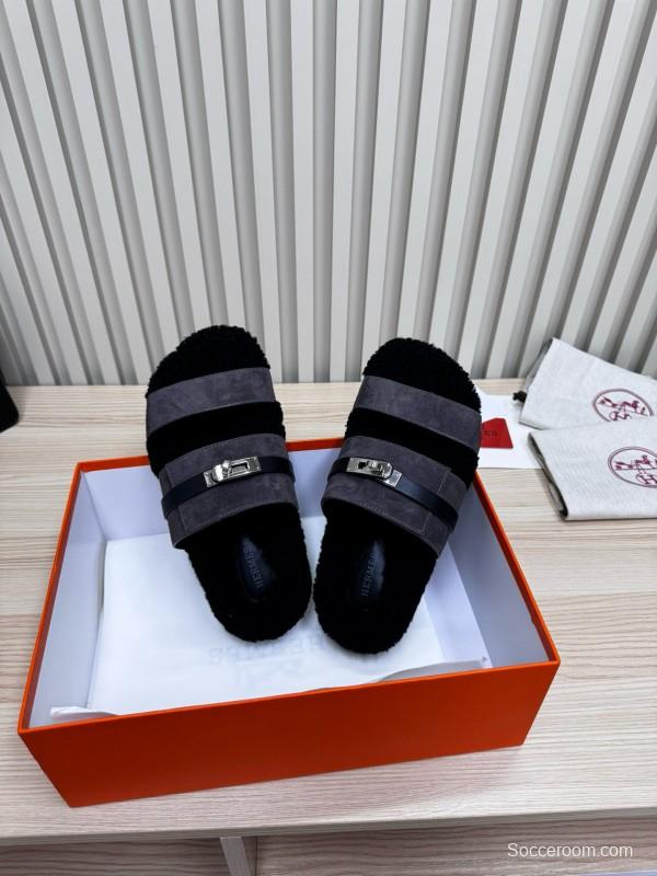 2024 Slippers Hermès Black Grey Shearling Slippers MJ00300