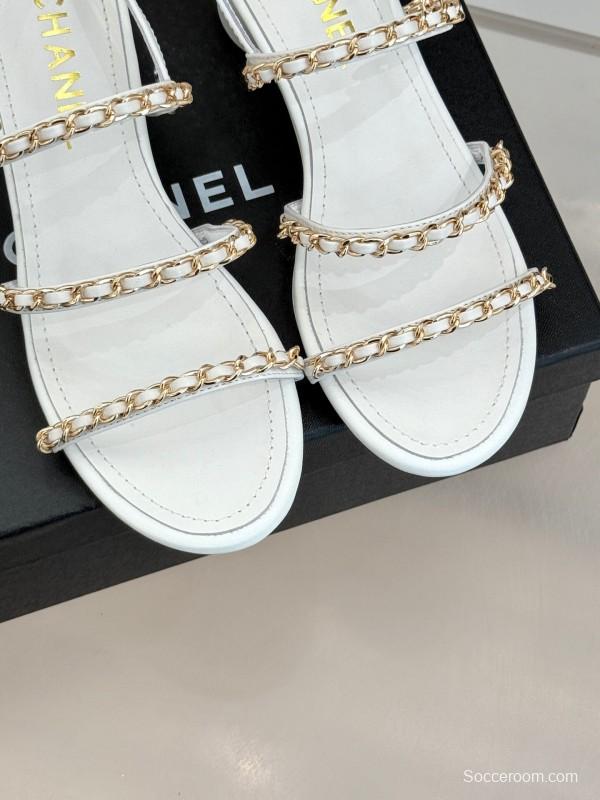 2025 Women Chanel White Leather Chain Strap Sandals