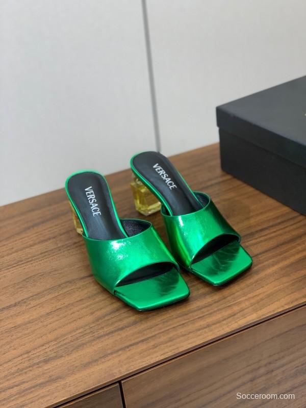2025 Women VERSACE Green Leather Slippers