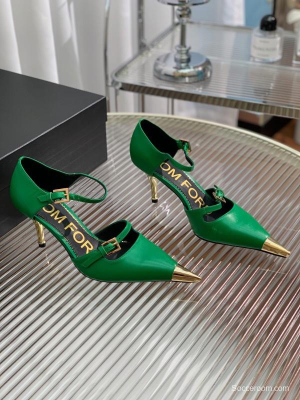 2025 Women TOM FORD Green Gold Leather Pointed Toe Mary Jane KFY00320