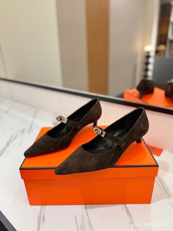 2025 Women Hermès Black Suede Mary Jane Shoes KFY00330