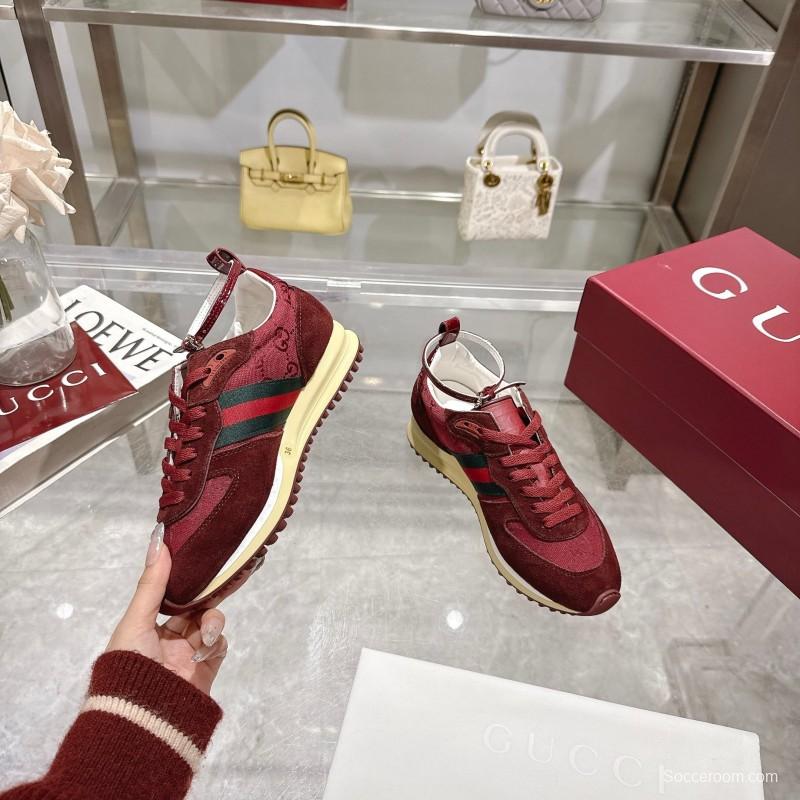 2025 Women Gucci Burgundy Red Suede Fabric Sneakers LY00340