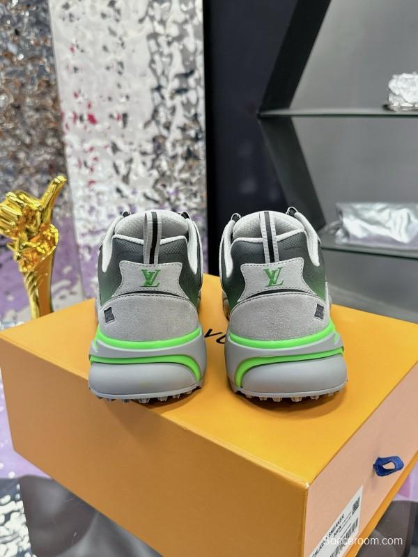 2025 Men Louis Vuitton Green Grey Mesh Leather Sneakers MJ00420