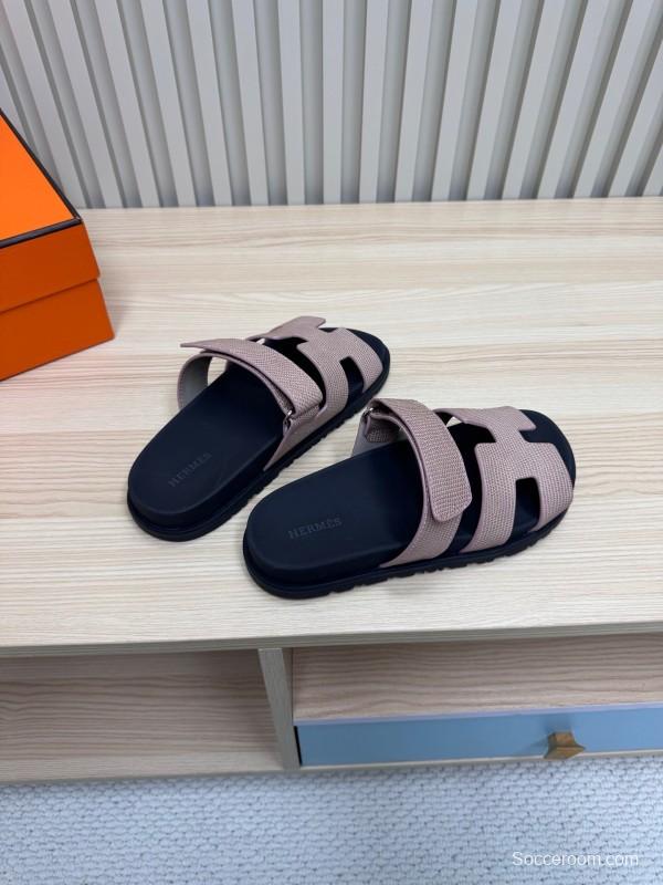 2025 Women Hermès Beige Black Leather Slippers