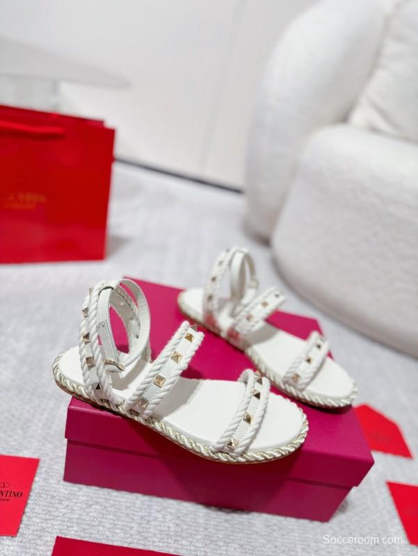 2025 Women Valentino White Leather Sandals Studded LY00250