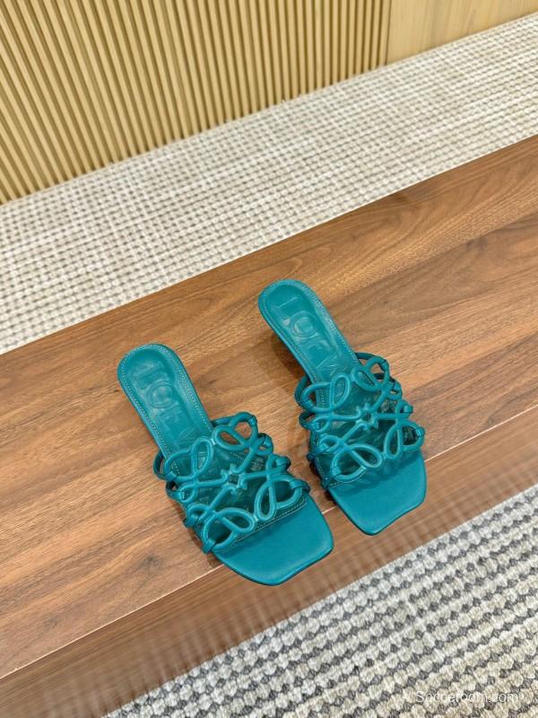 2025 Women Loewe Turquoise Leather Heeled Sandals LY00250