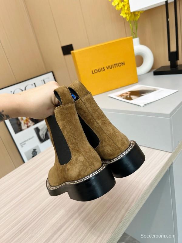 2024 Women Louis Vuitton Brown Suede Chelsea Boots MJ00340