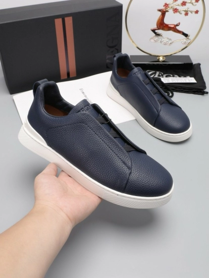 2024 Men Ermenegildo Zegna Navy Leather Low Top Sneakers MJ00240