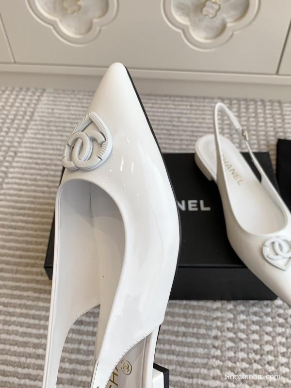 2025 Women Chanel White Leather Slingback Pointed Toe Heart Double C KFY00300