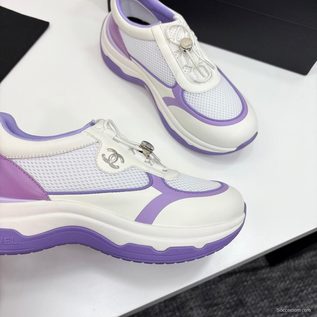2025 Women Chanel White And Purple Leather And Mesh Casual Sneakers Chunky Sole Classic Logo LY00360(F)