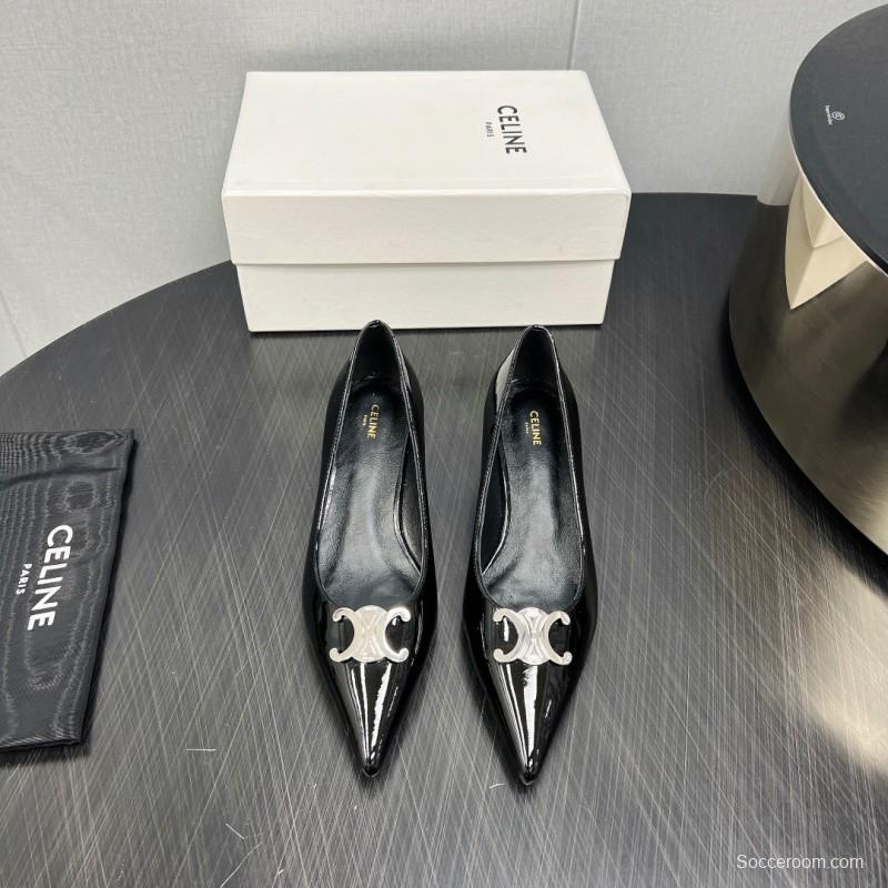2025 Women Celine Black Patent Leather Pointed Toe Buckle Pumps KFY00290