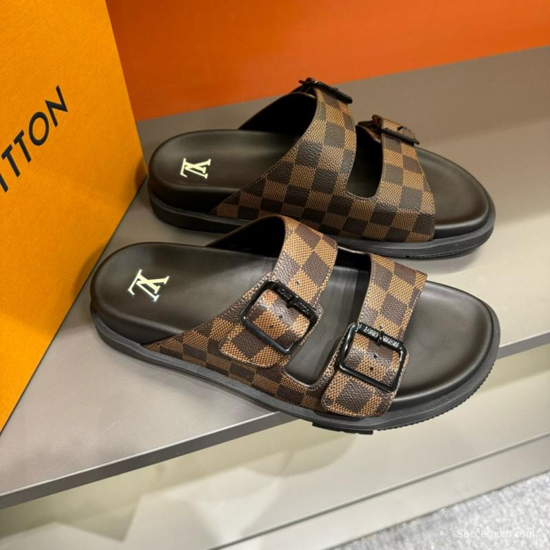 2024 Slippers Louis Vuitton Brown Black Leather Checkered Buckle MJ00210