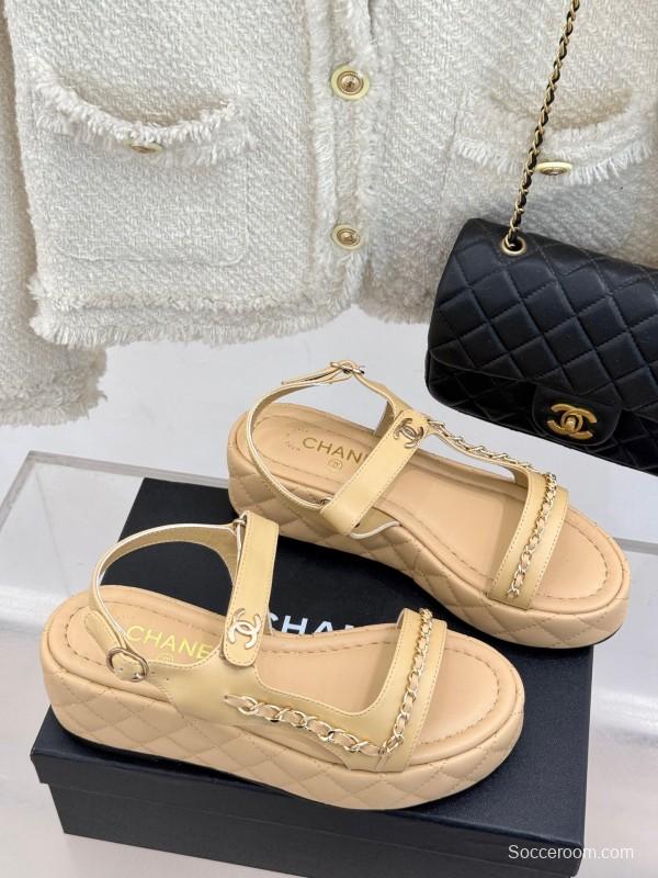 2025 Women Chanel Beige Leather Platform Sandals Chain KFY00270