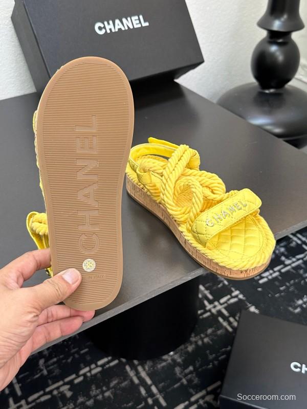 2025 Slippers Chanel Yellow Rope Cork Sole Sandals LY00260
